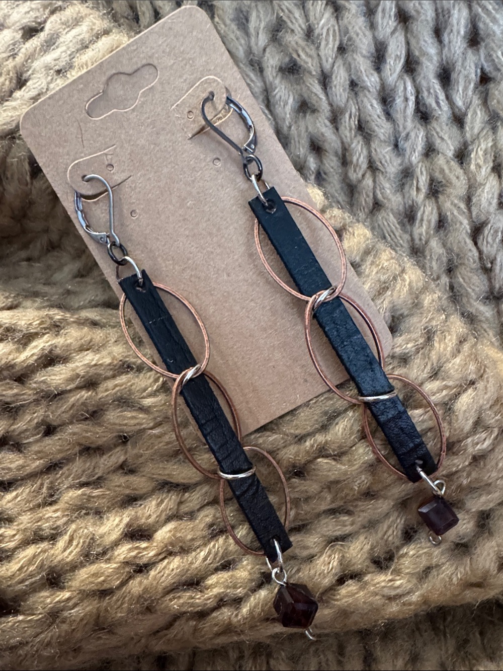 Handmade Black Leather and Copper Hoop Dangle Earrings
